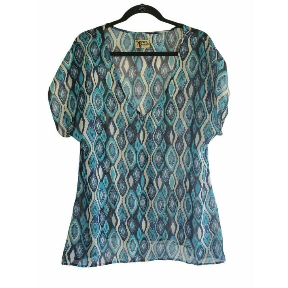 Show Me Your MUMU Sheer‎ Blouse Medium Womans Geometric Multi Color Cap Sleeve